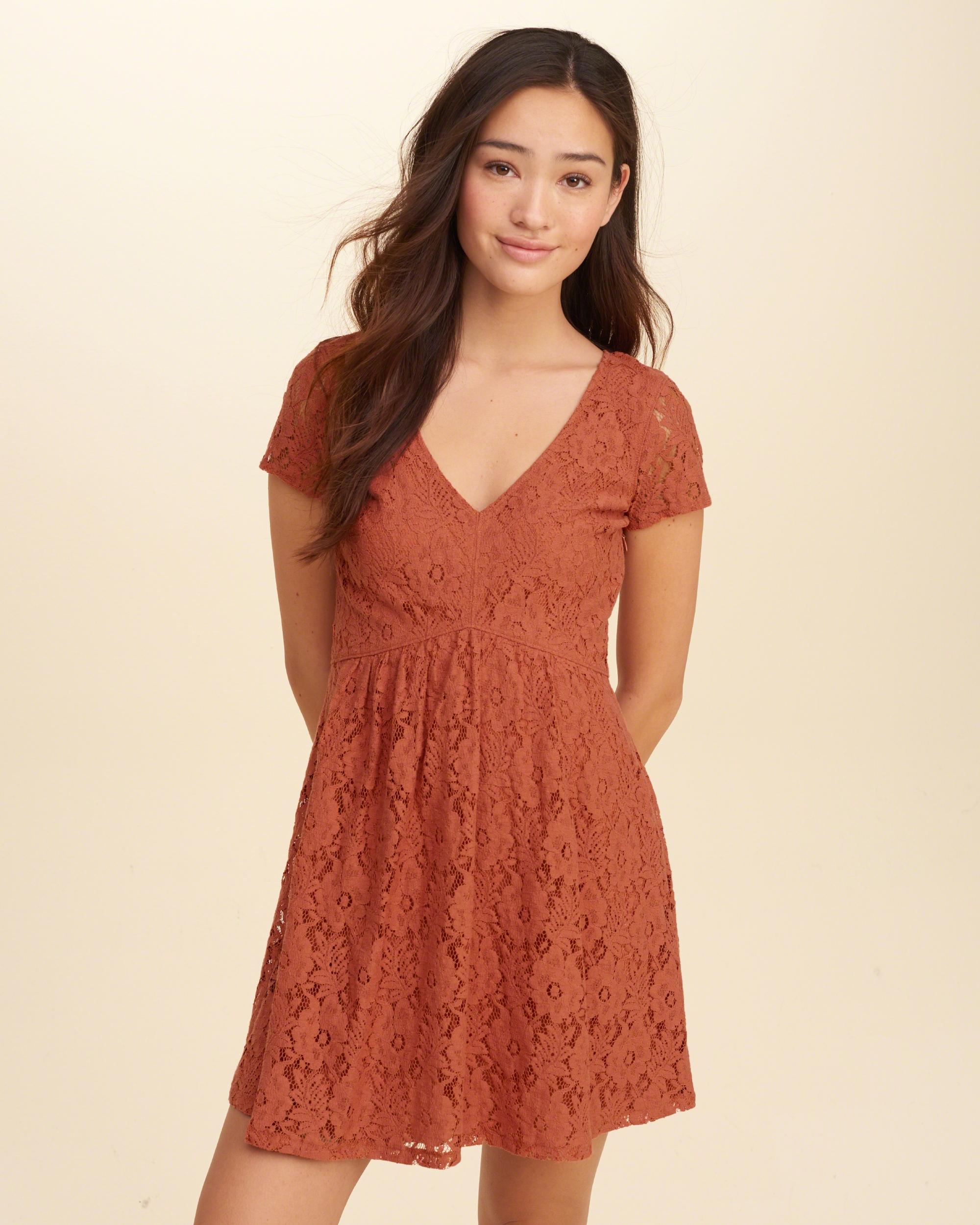 Hollister V-neck Lace Skater Dress in Blue | Lyst